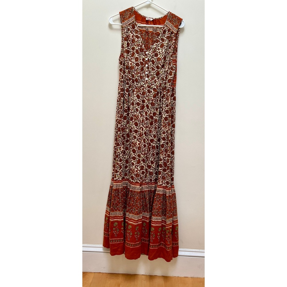 Faherty Maxi Dress Women M Rust Floral Linen Blend Sleeveless Tiered Boho